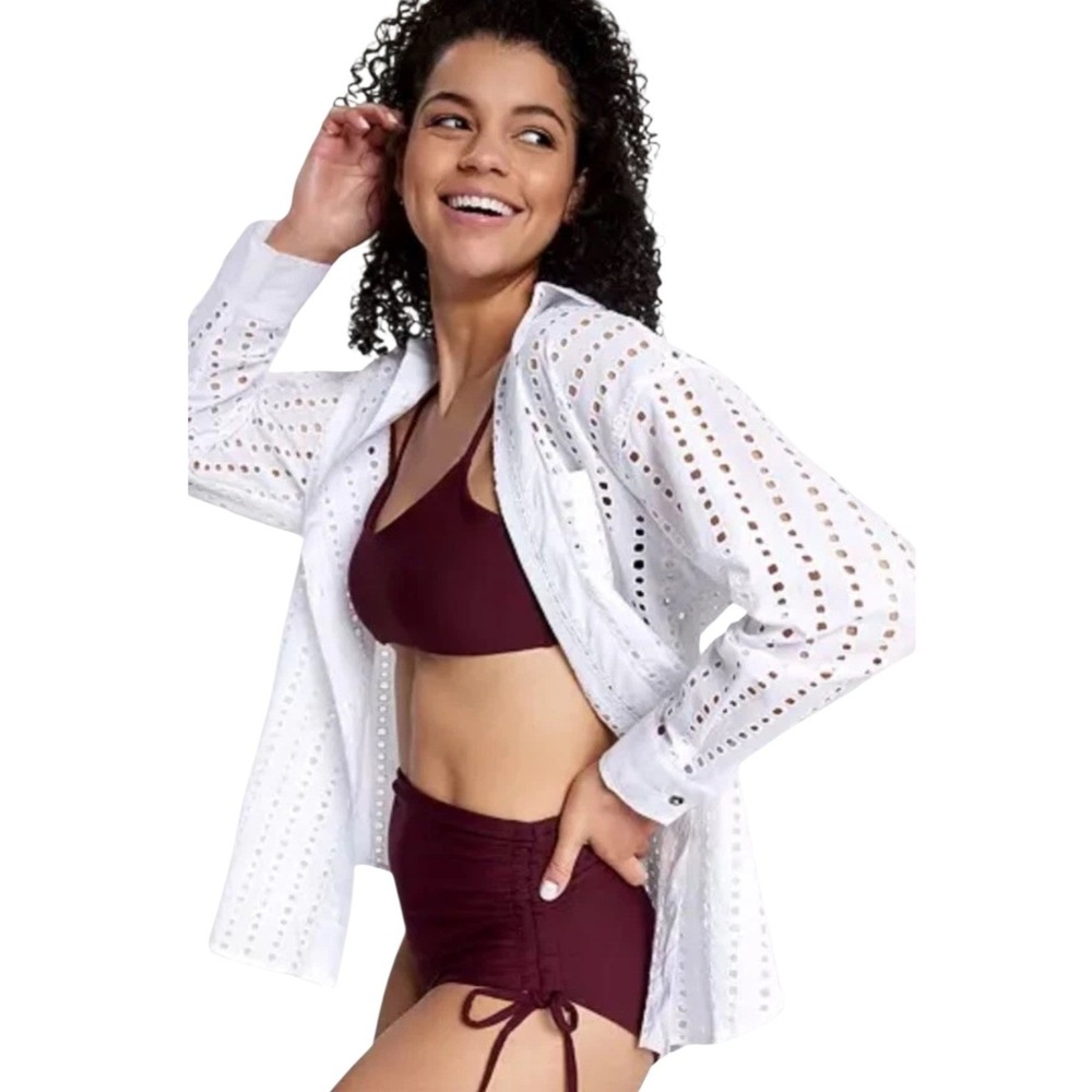 Calia Swim Coverup Shirt Womens Small White Oversized Button Down Eyelet Top New
